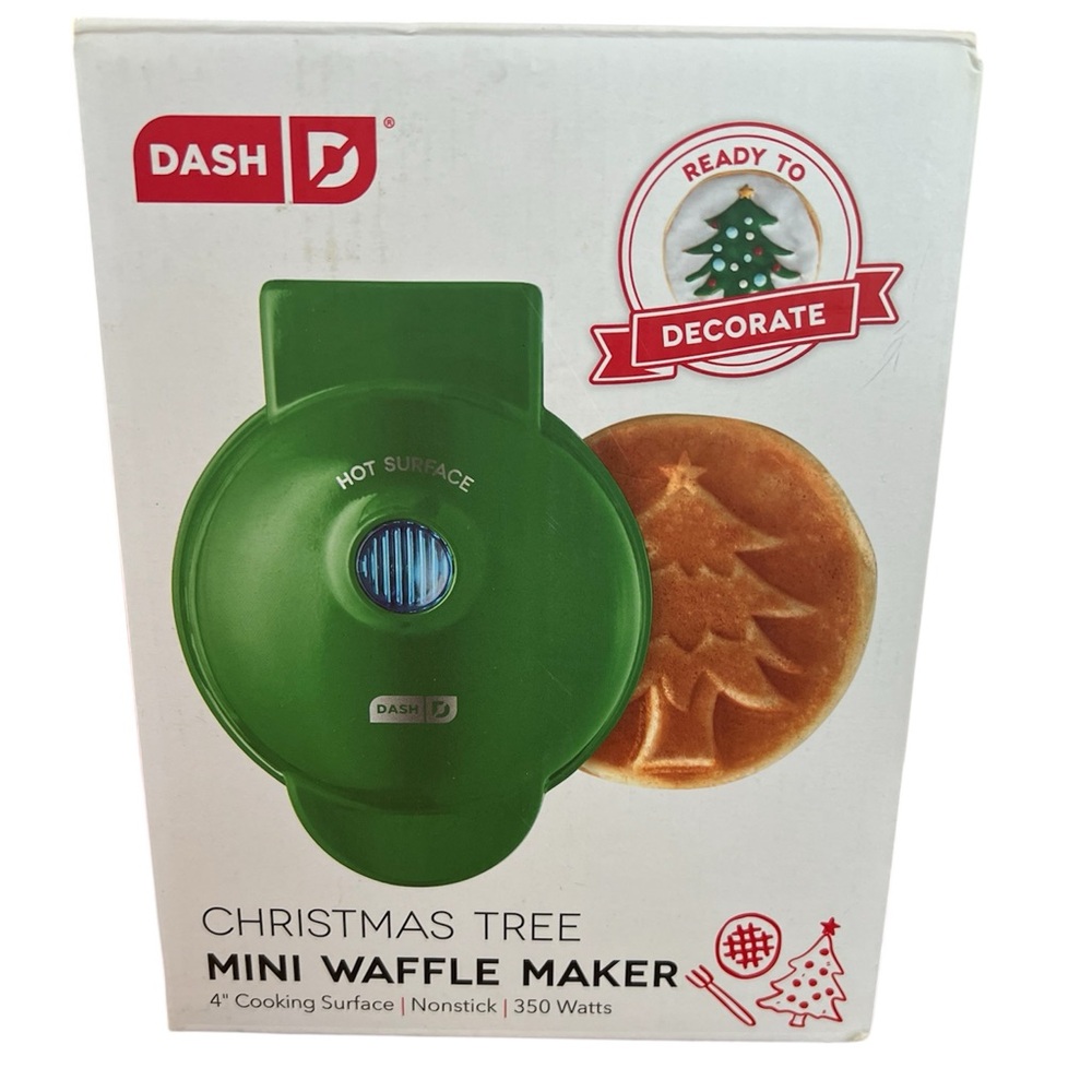 NEW Dash Mini Waffle Maker Christmas Tree 4” Nonstick 350 Watts Green Holiday